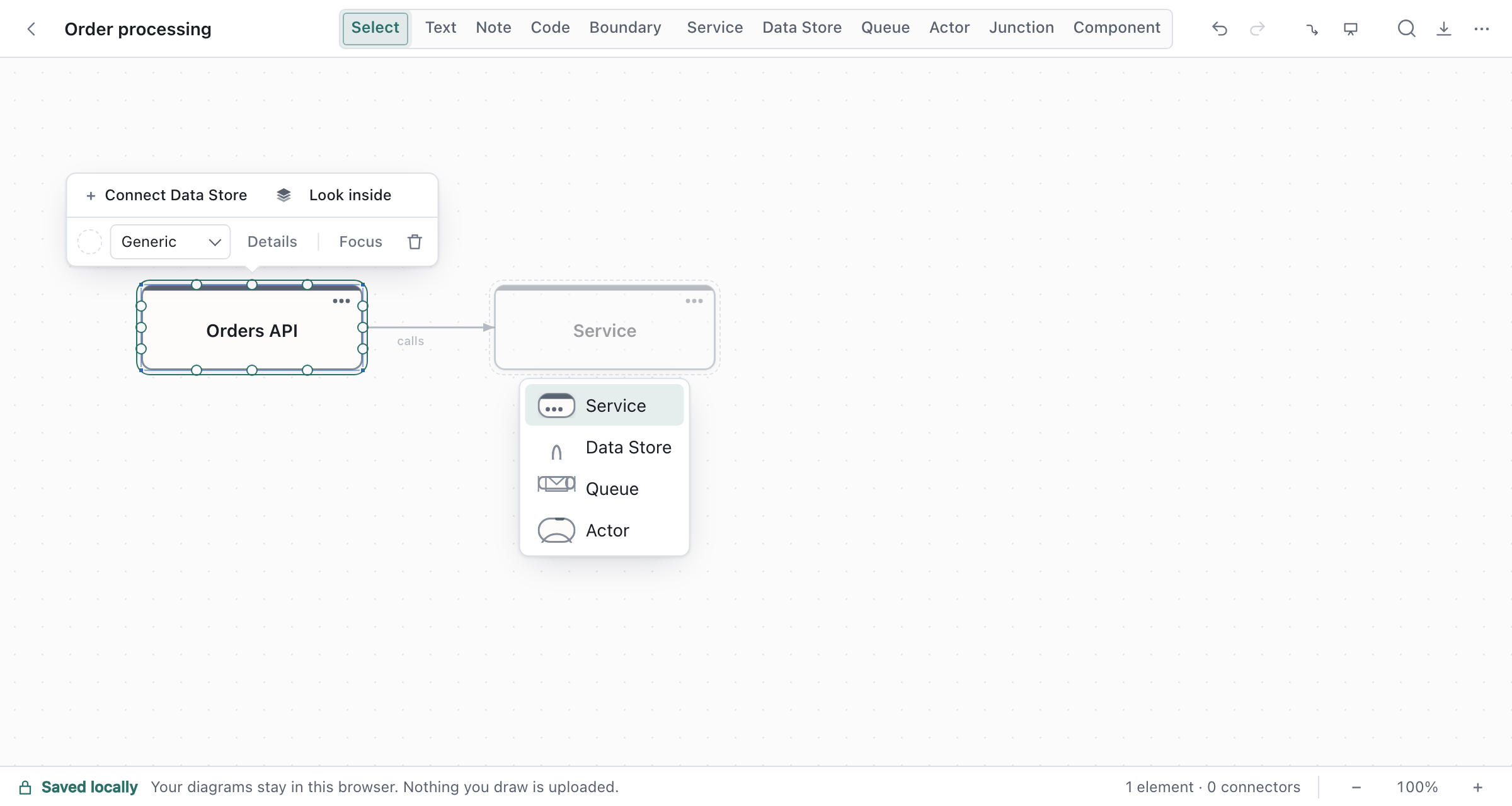 Dragging a connector from Orders API into empty space opens a menu offering Service, Data Store, Queue and Actor.