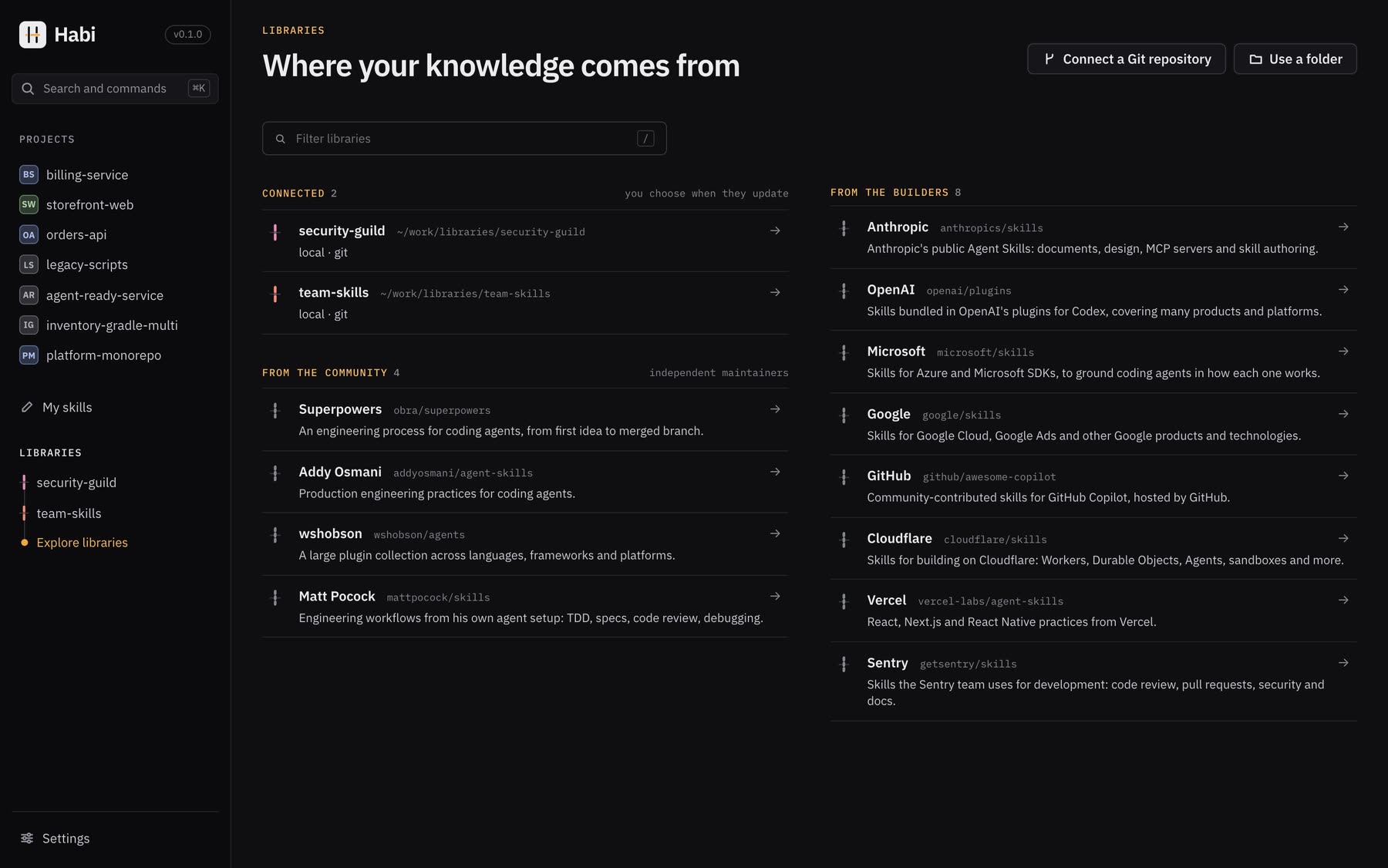 Habi's Libraries page, “Where your knowledge comes from”: two connected team libraries, libraries from the community, and libraries from the builders of the tools.