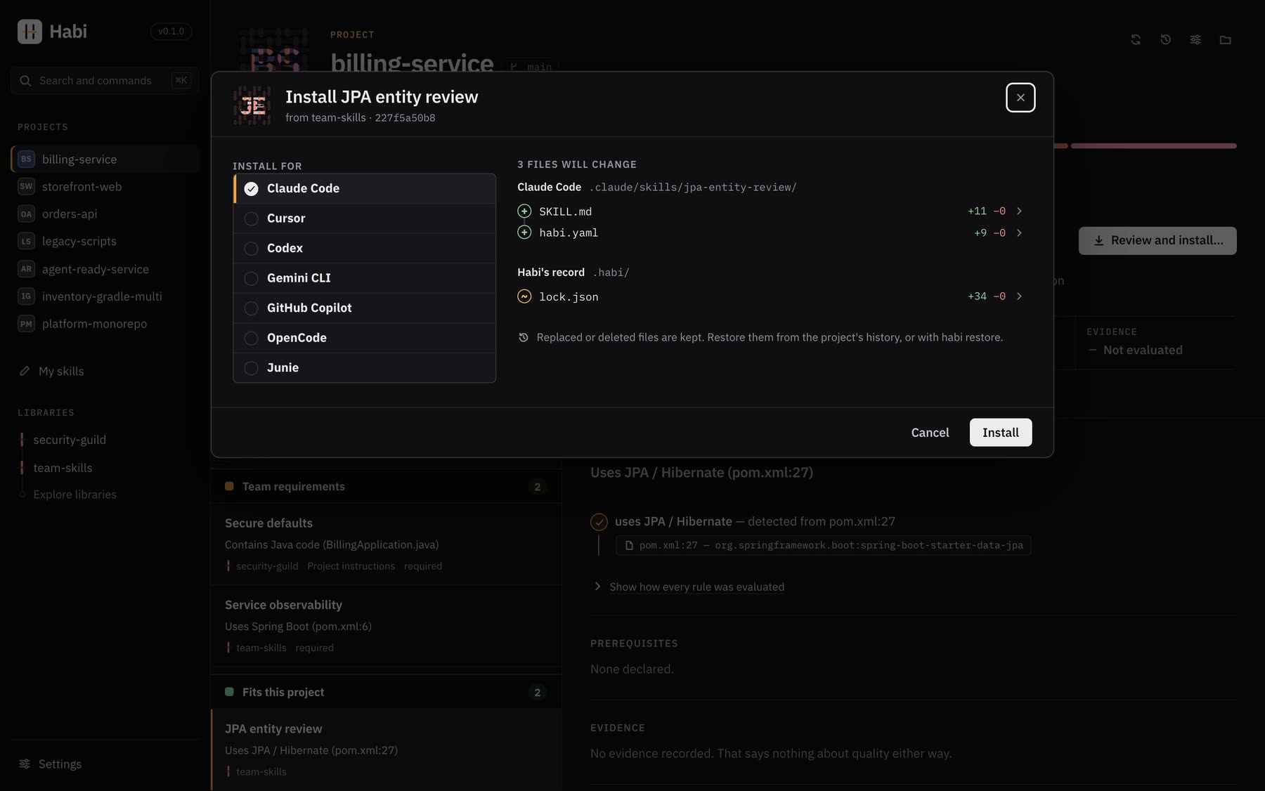 The install review: seven agent tools to choose from, and the three files that would change, line by line.