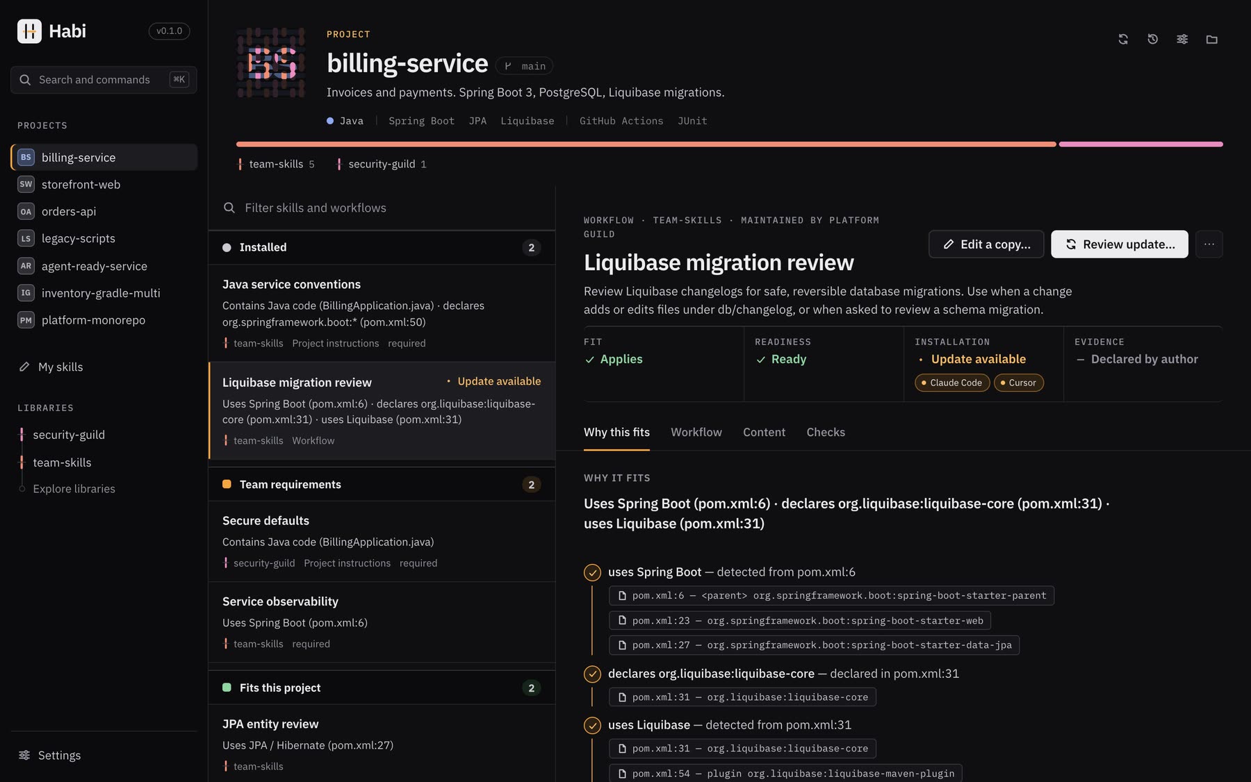 Habi on billing-service: skills sorted into installed, required by the team and fits this project, and for the open skill, the evidence from pom.xml.