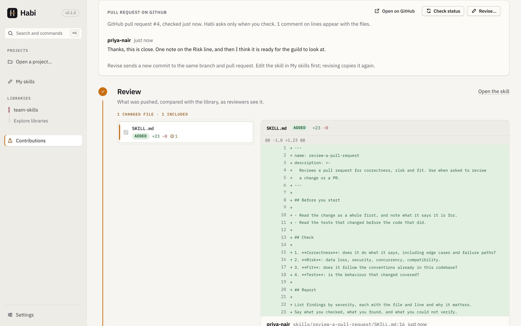 A contribution after review: the GitHub pull request, a reviewer's comment, and the diff of the skill that was sent.