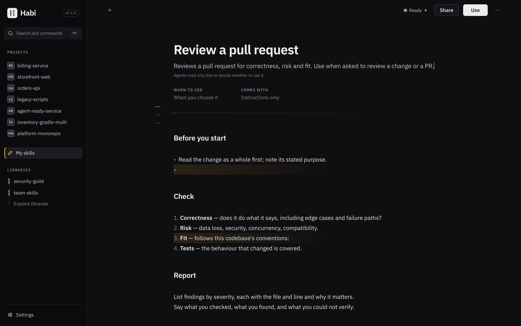 The Skill Studio: a skill titled Review a pull request, with its purpose, when to use it and its instructions in one document.