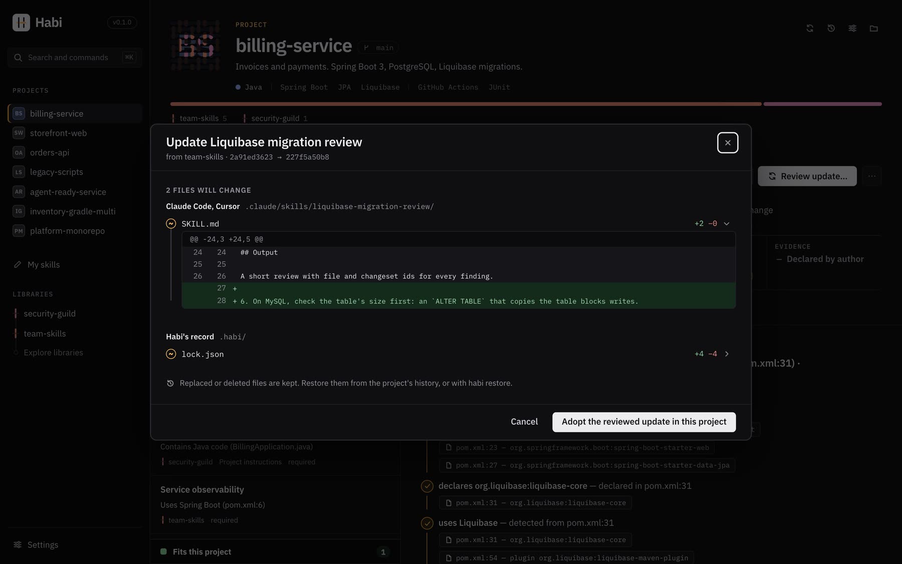 Reviewing an update to Liquibase migration review in billing-service: the version it moves from and to, and the new line in SKILL.md, before anything is written.