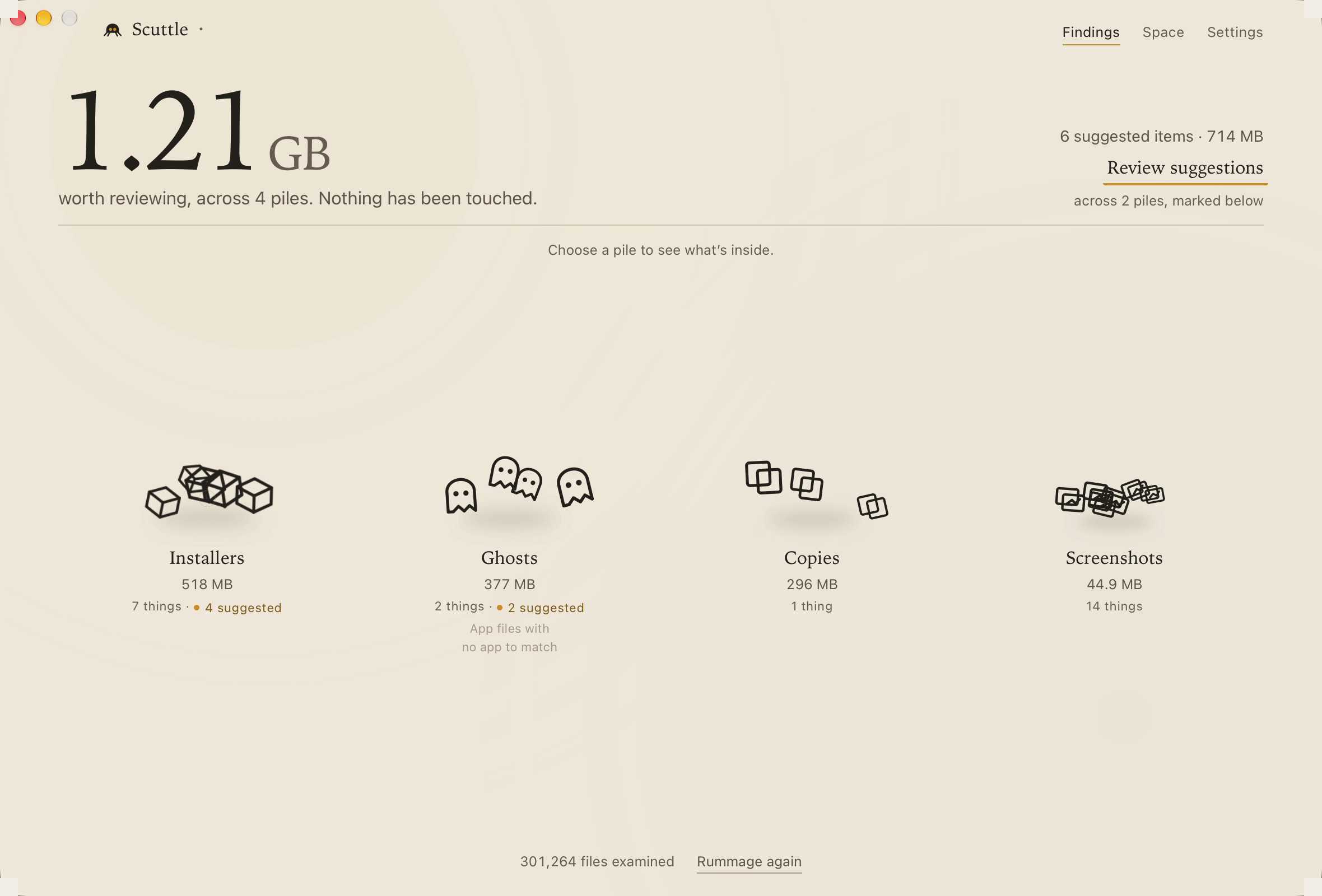 Scuttle's findings screen: four hand-drawn piles labelled Installers, Ghosts, Copies and Screenshots with their sizes.