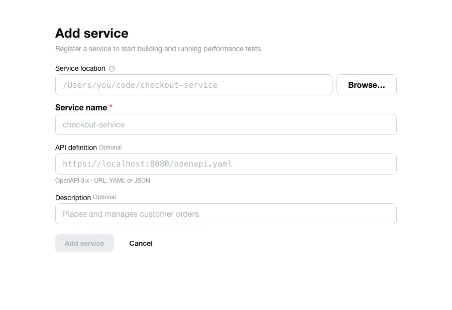 The Add service form: an optional service location field, a required service name, an optional API definition URL, and an optional description