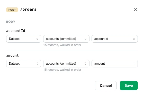 The request data drawer for POST /orders: accountId set to Generated (a random UUID, every request), amount set to Fixed at 42.50