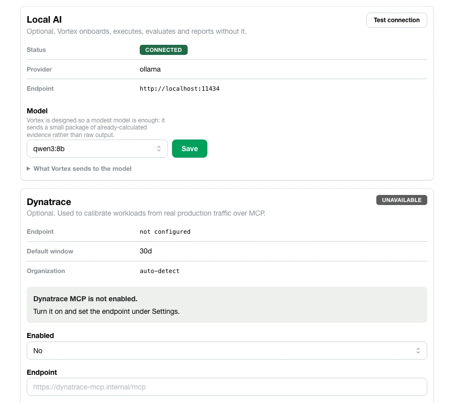 Settings page's Dynatrace MCP card: an endpoint field, a default 30-day observation window, local bridge mode explained, Save and Test connection controls